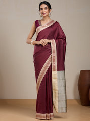 Vervee Couture Maroon Silk Blend Saree with Zari Border and Semi Stitched Blouse | EKA