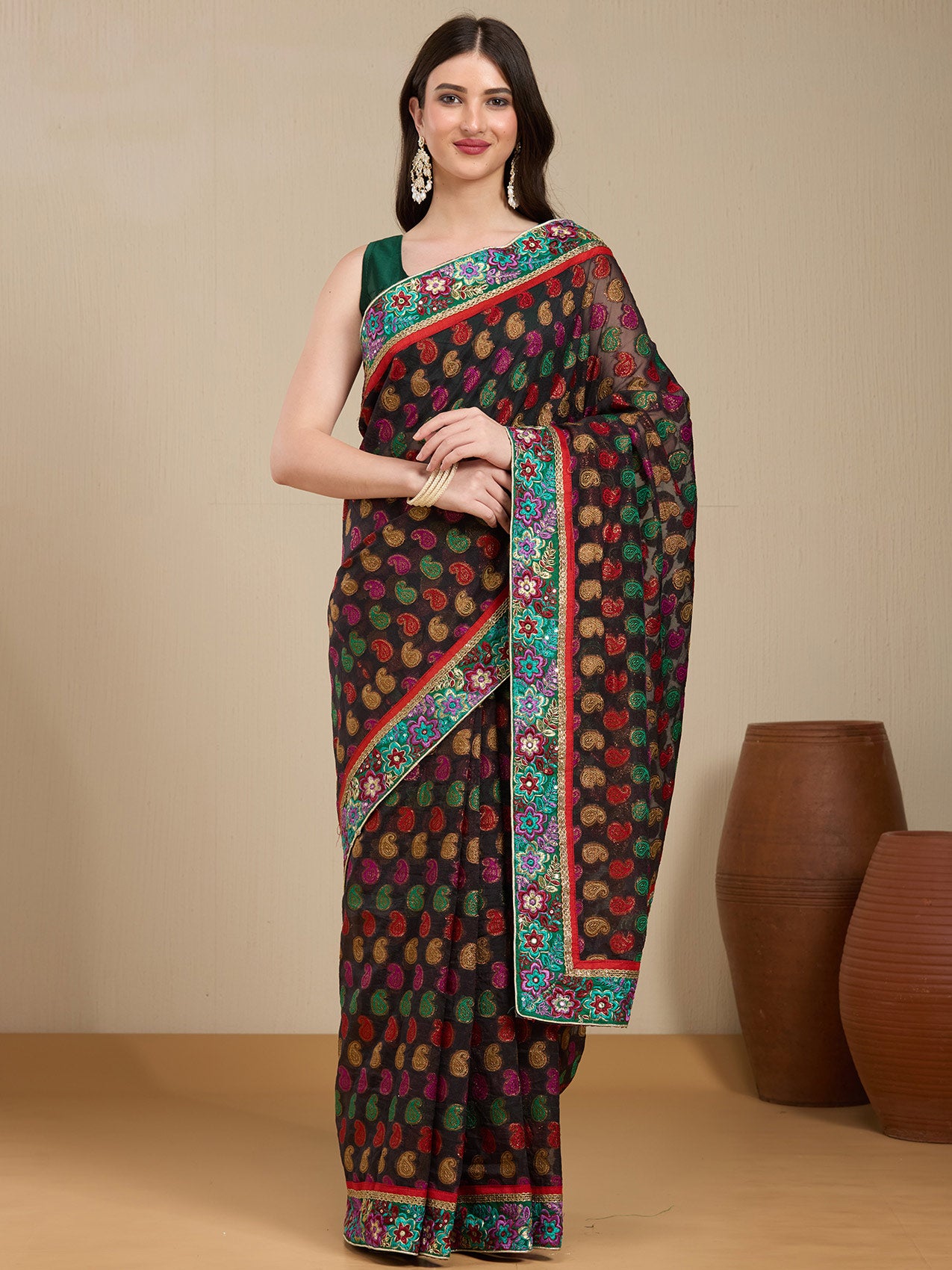Vervee Couture Black Printed Poly Georgette Saree with Contrast Border | EKA