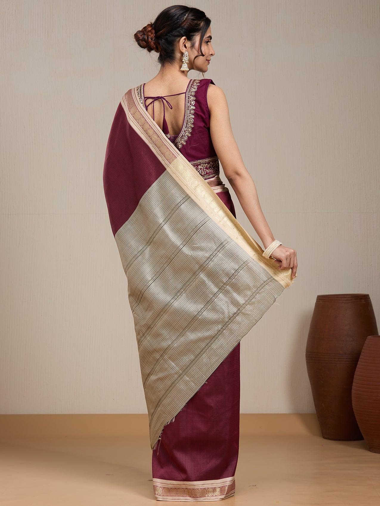 Vervee Couture Maroon Silk Blend Saree with Zari Border and Semi Stitched Blouse | EKA