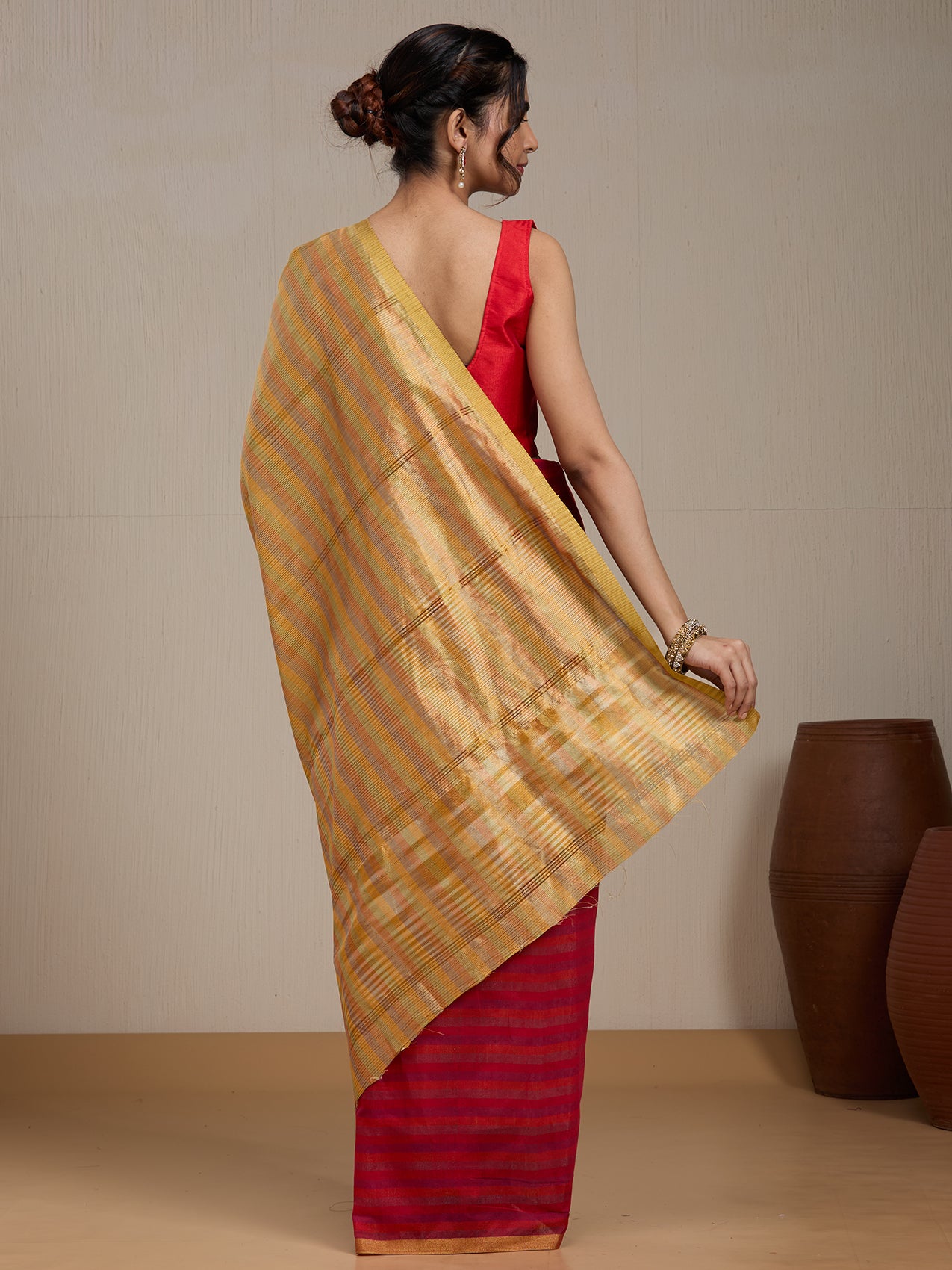 Vervee Couture Red Gold Striped Silk Blend Saree with Semi Stitched Blouse | EKA