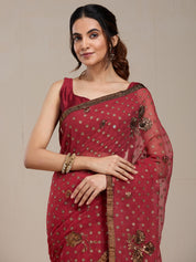 Vervee Couture Red Embellished Poly Georgette Saree with Ethnic Motifs | EKA