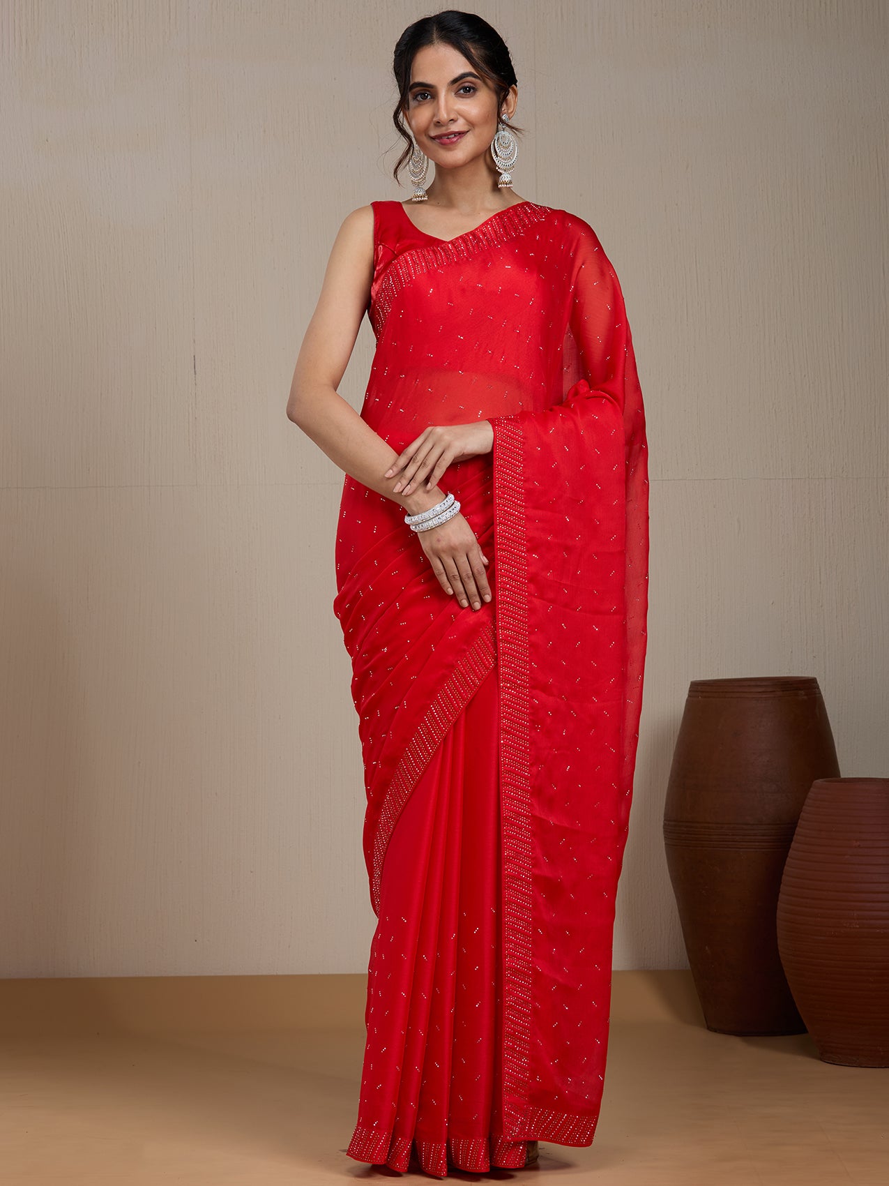 Vervee Couture Red Poly Georgette Embellished Saree | EKA