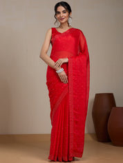 Vervee Couture Red Poly Georgette Embellished Saree | EKA