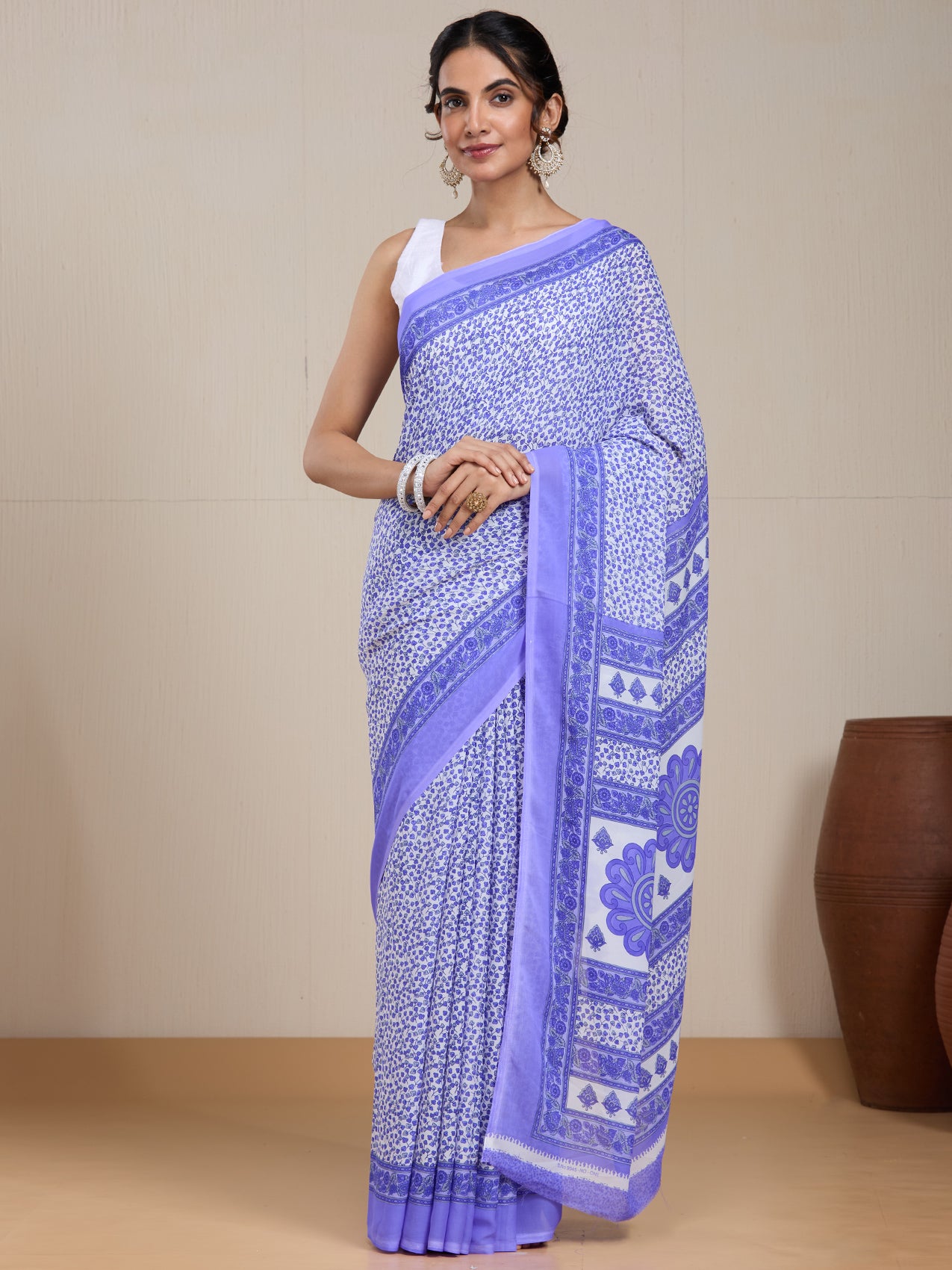 Vervee Couture Lavender White Floral Poly Georgette Saree | EKA