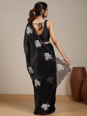 Vervee Couture Black White Floral Printed Silk Blend Saree | EKA
