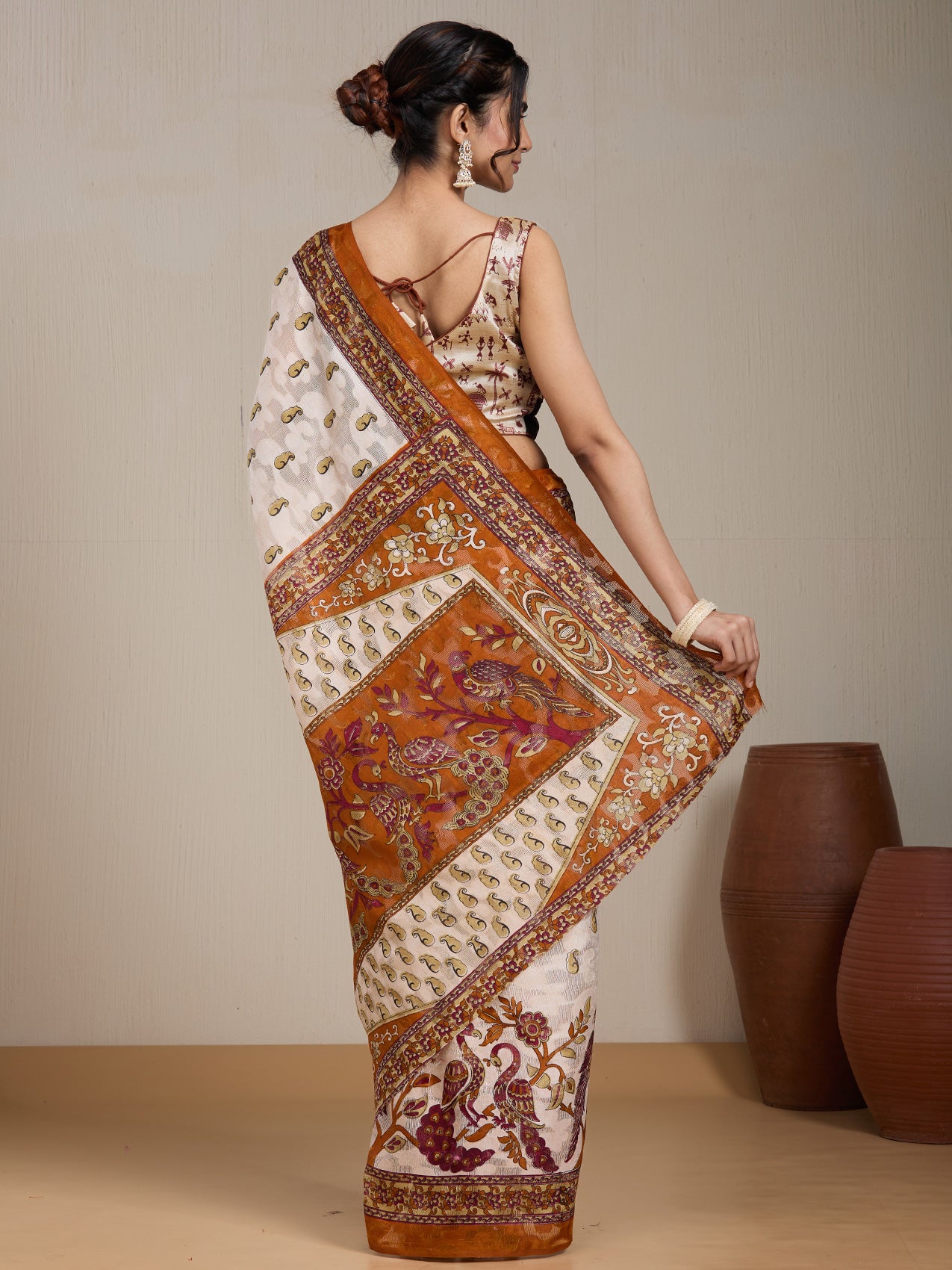 Vervee Couture Off White Silk Blend Saree with Zari Border and Semi Stitched Blouse | EKA