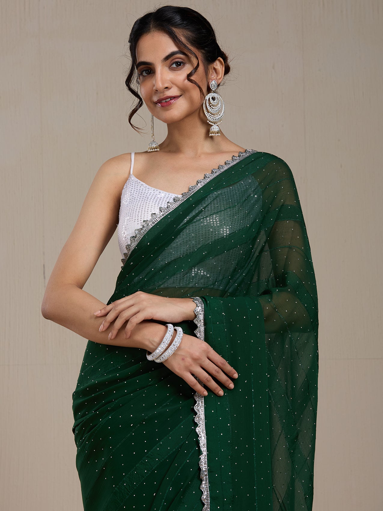 Vervee Couture Forest Green Poly Georgette Embellished Saree | EKA
