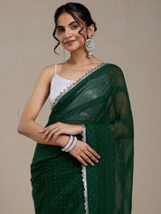 Vervee Couture Forest Green Poly Georgette Embellished Saree | EKA