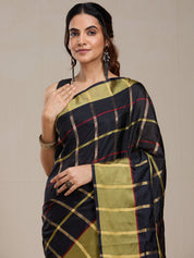 Vervee Couture Black Gold Checked Silk Blend Saree | EKA