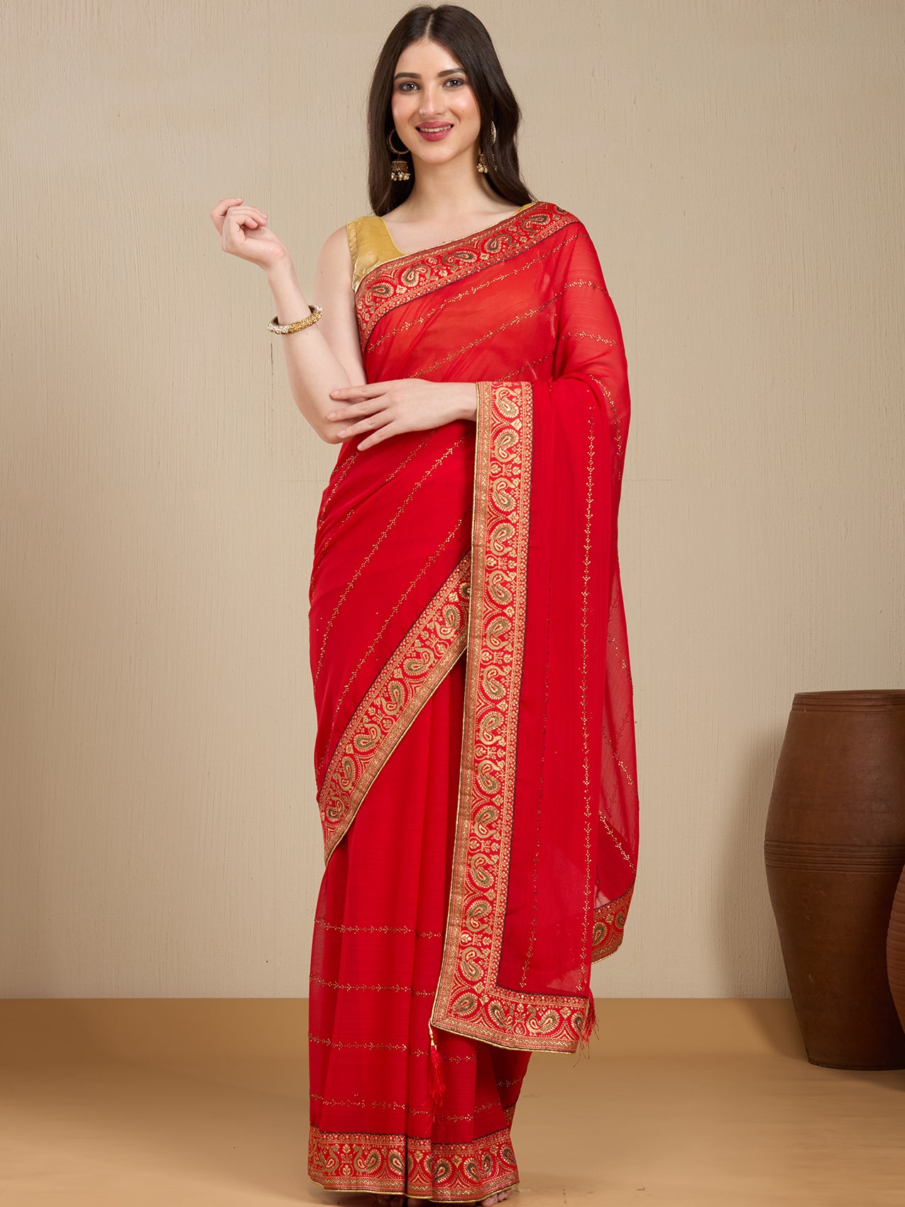 Vervee Couture Red Poly Georgette Saree with Zari Border | EKA