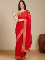 Vervee Couture Red Poly Georgette Saree with Zari Border | EKA