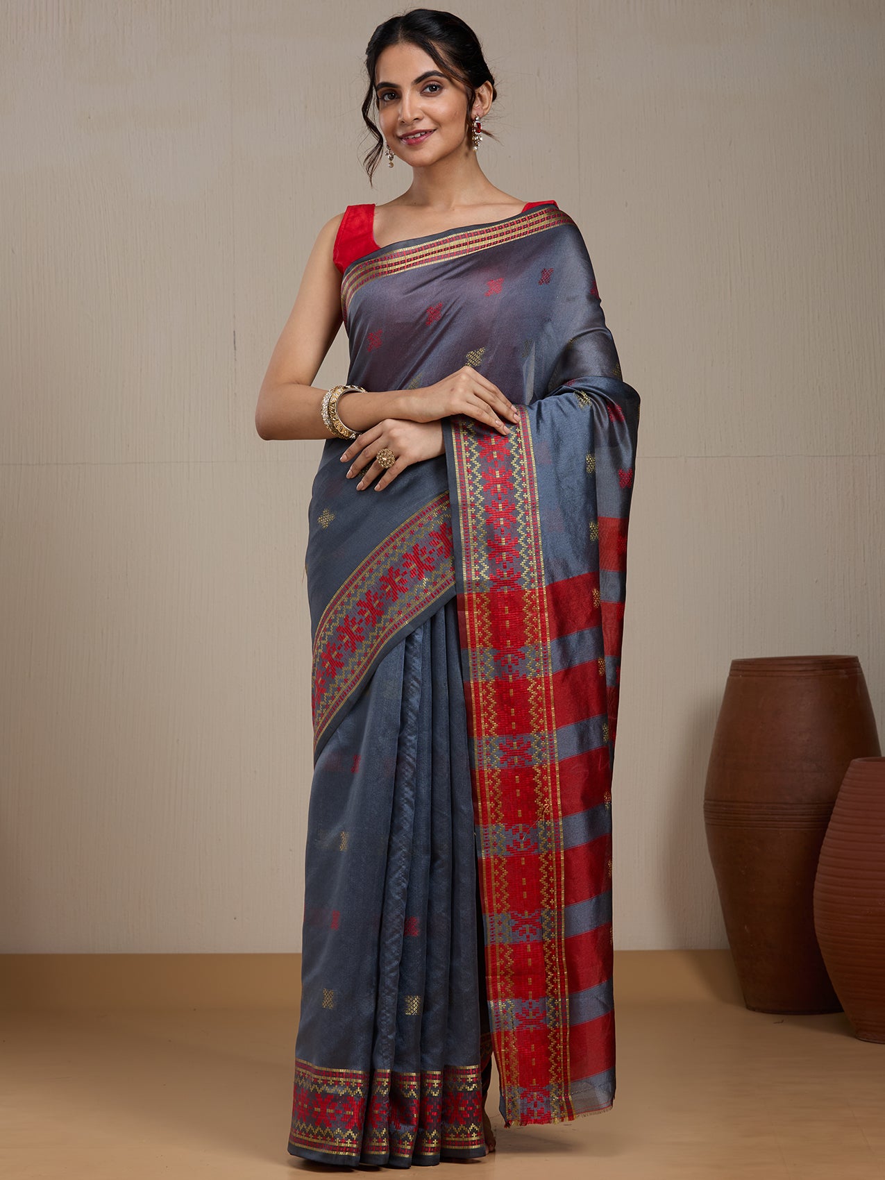 Vervee Couture Grey Silk Blend Saree with Zari Border and Semi Stitched Blouse | EKA