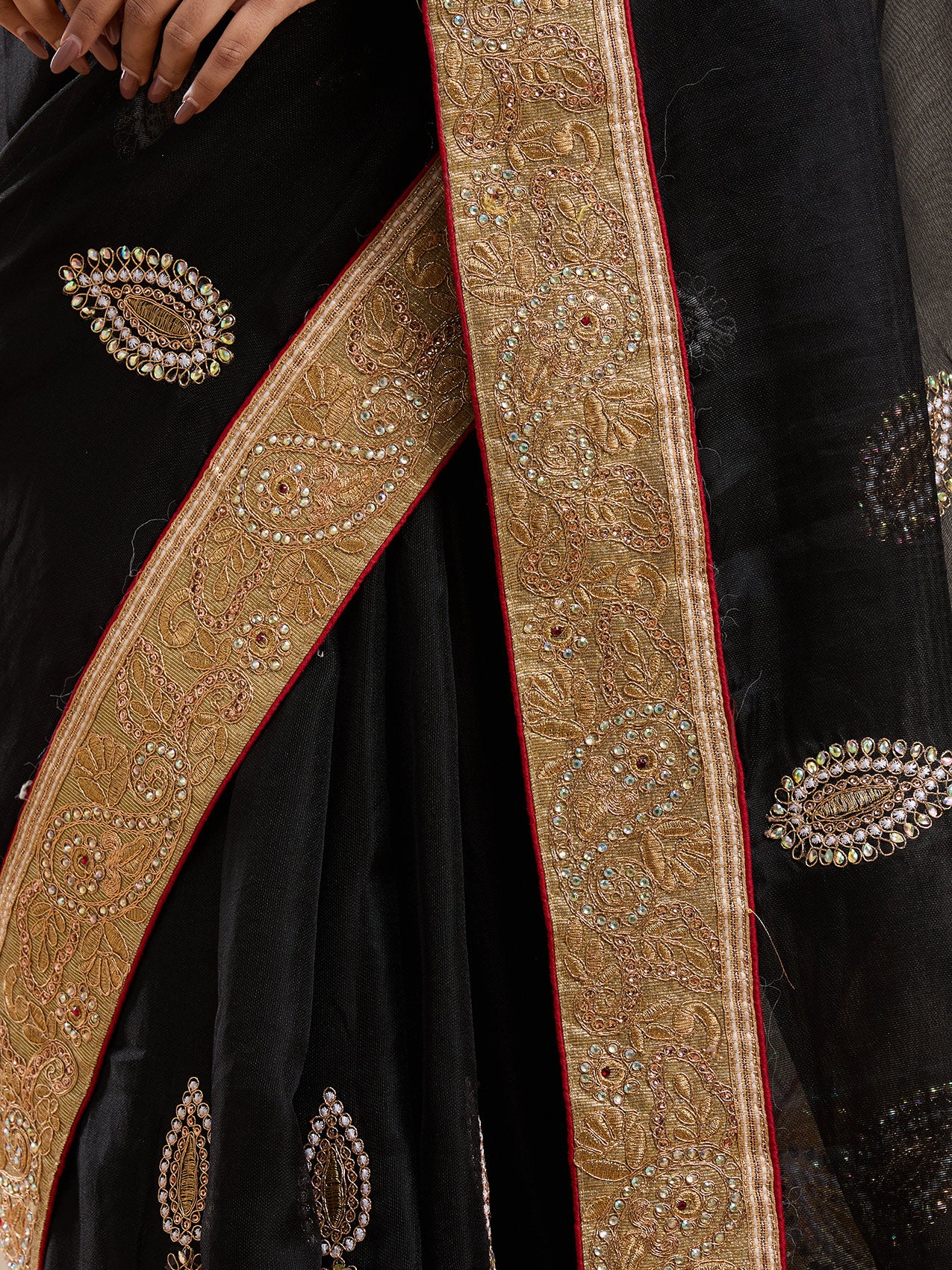 Vervee Couture Black Poly Georgette Saree with Zari Border and Semi Stitched Blouse | EKA