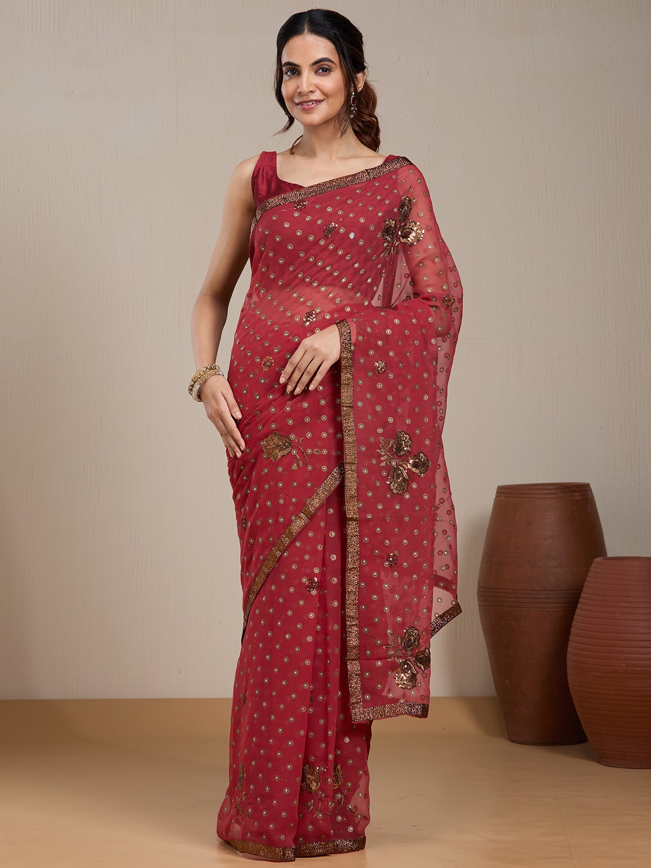 Vervee Couture Red Embellished Poly Georgette Saree with Ethnic Motifs | EKA