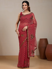 Vervee Couture Red Embellished Poly Georgette Saree with Ethnic Motifs | EKA