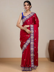 Vervee Couture Red Embellished Silk Blend Saree with Zari Border | EKA