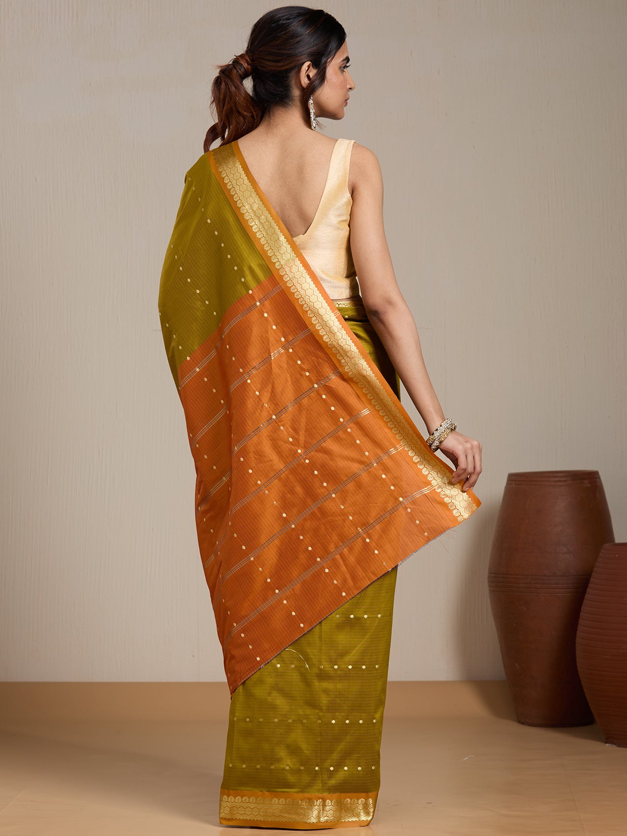 Vervee Couture Olive Green Rust Orange Woven Silk Blend Saree | EKA