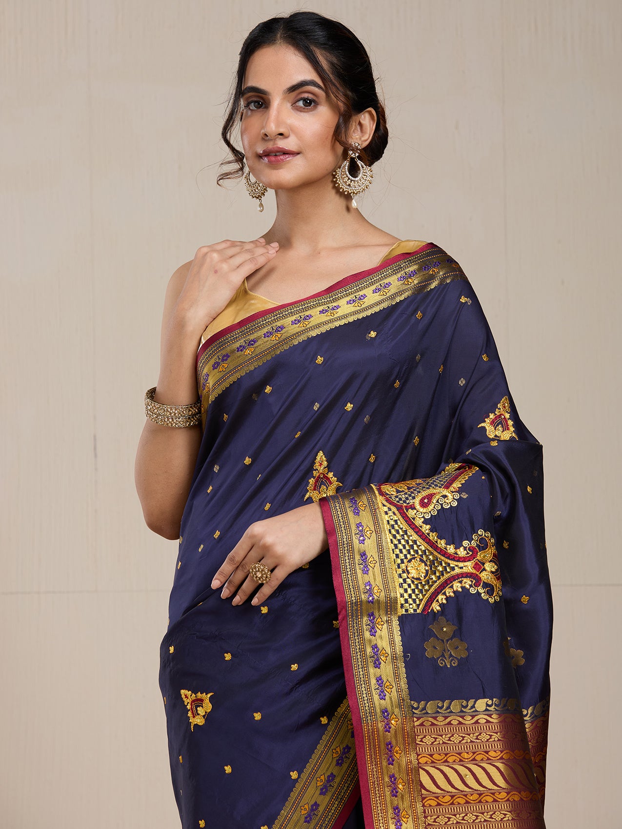 Vervee Couture Navy Blue Gold Woven Silk Blend Saree | EKA