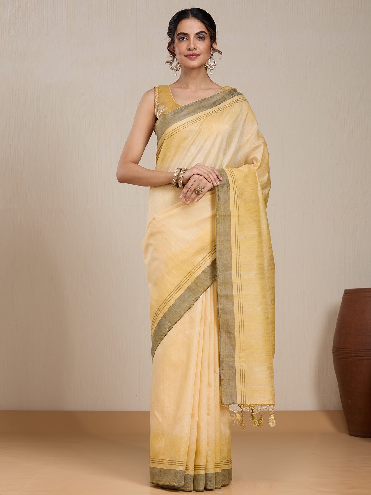 Vervee Couture Beige Black Silk Blend Saree | EKA
