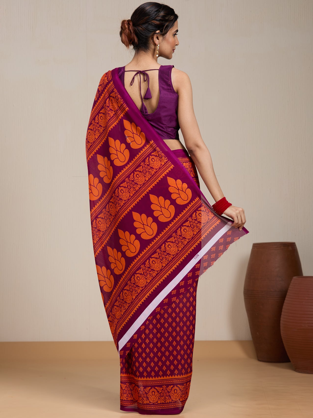 Vervee Couture Magenta Orange Printed Poly Georgette Saree | EKA