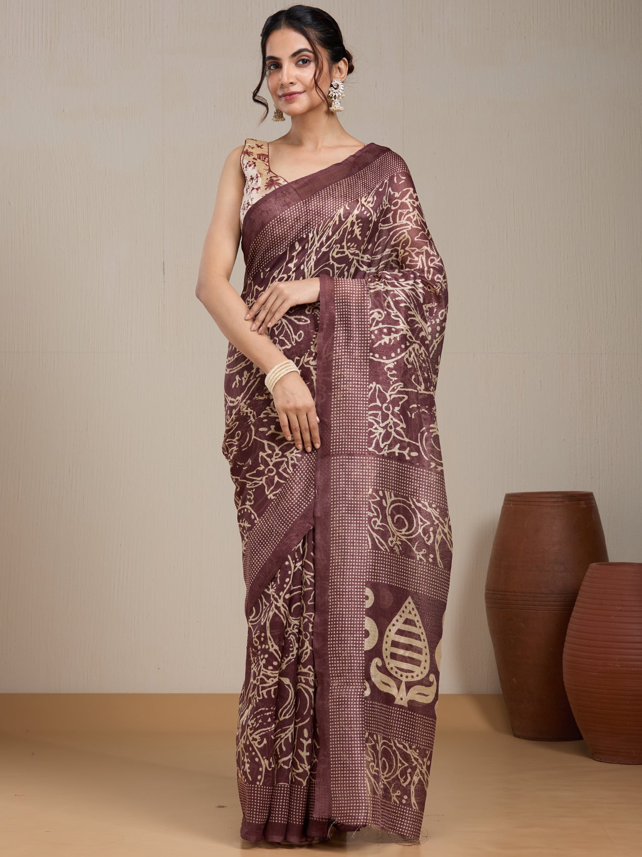 Vervee Couture Brown Silk Blend Saree with Zari Border and Semi Stitched Blouse | EKA