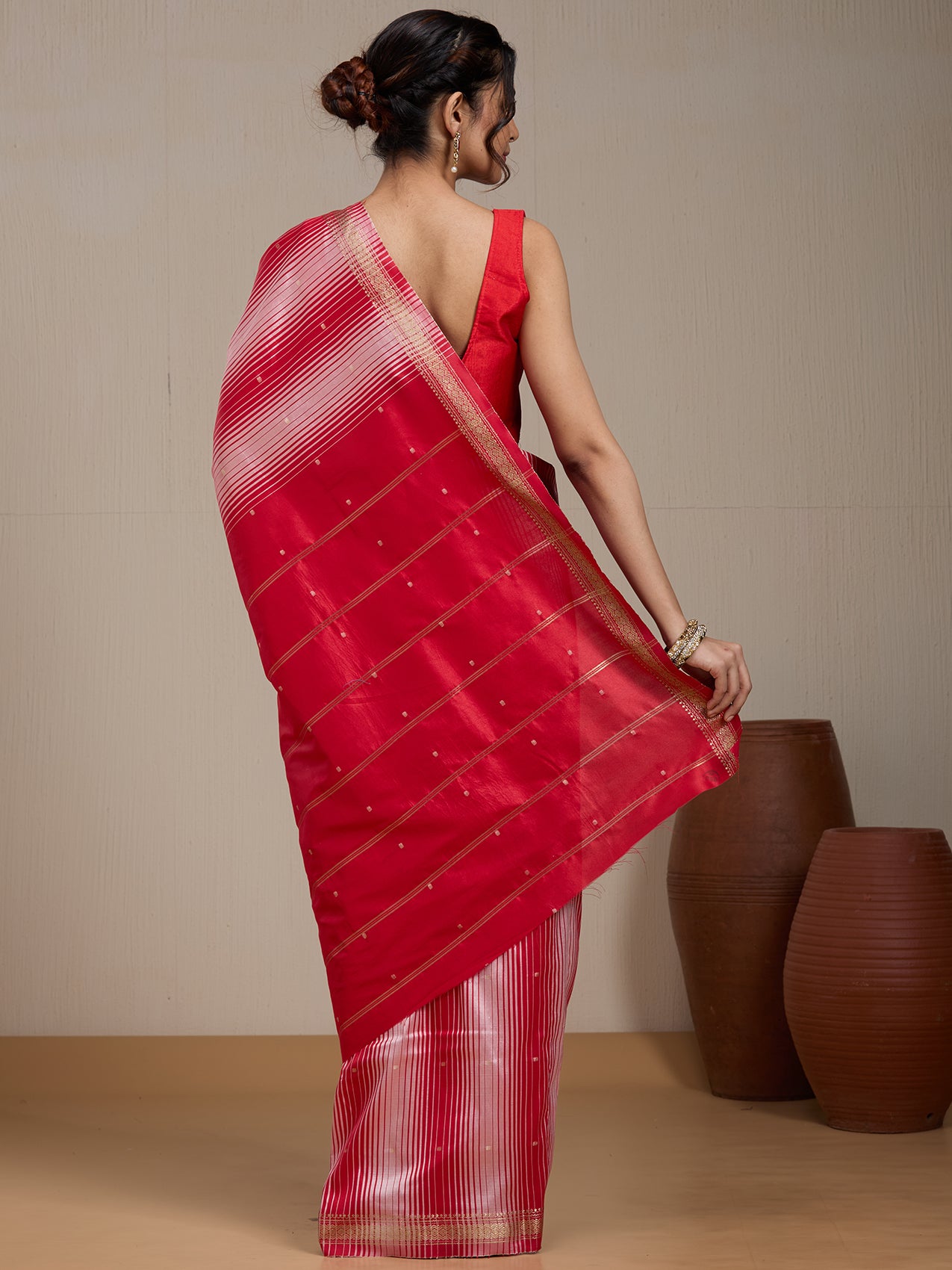 Vervee Couture Red Ombre Silk Blend Saree with Zari Border and Semi Stitched Blouse | EKA