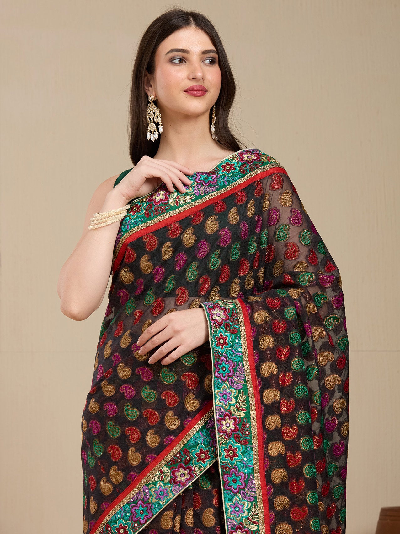 Vervee Couture Black Printed Poly Georgette Saree with Contrast Border | EKA