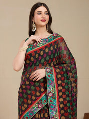 Vervee Couture Black Printed Poly Georgette Saree with Contrast Border | EKA