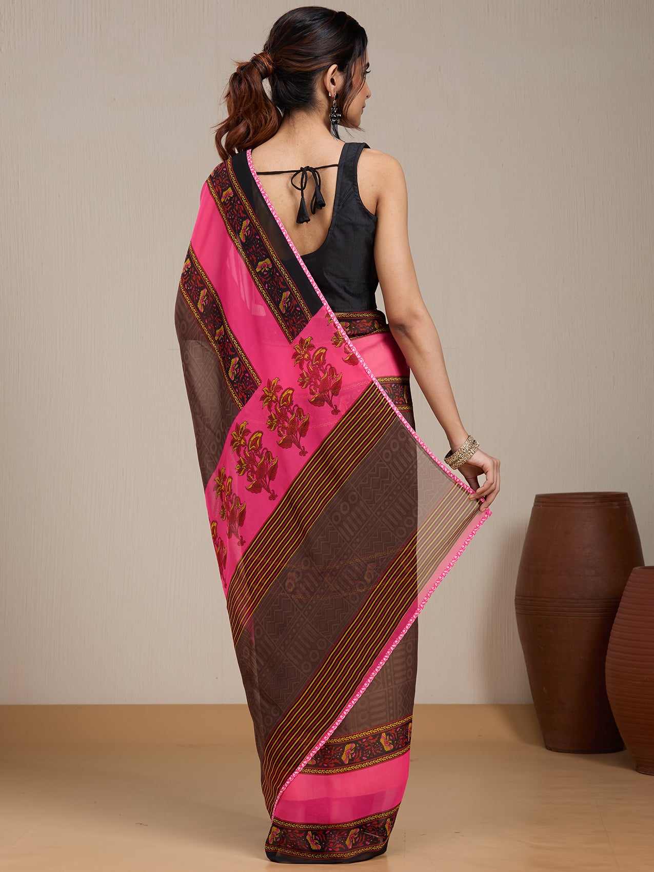 Vervee Couture Brown Pink Printed Poly Georgette Saree with Zari Border | EKA