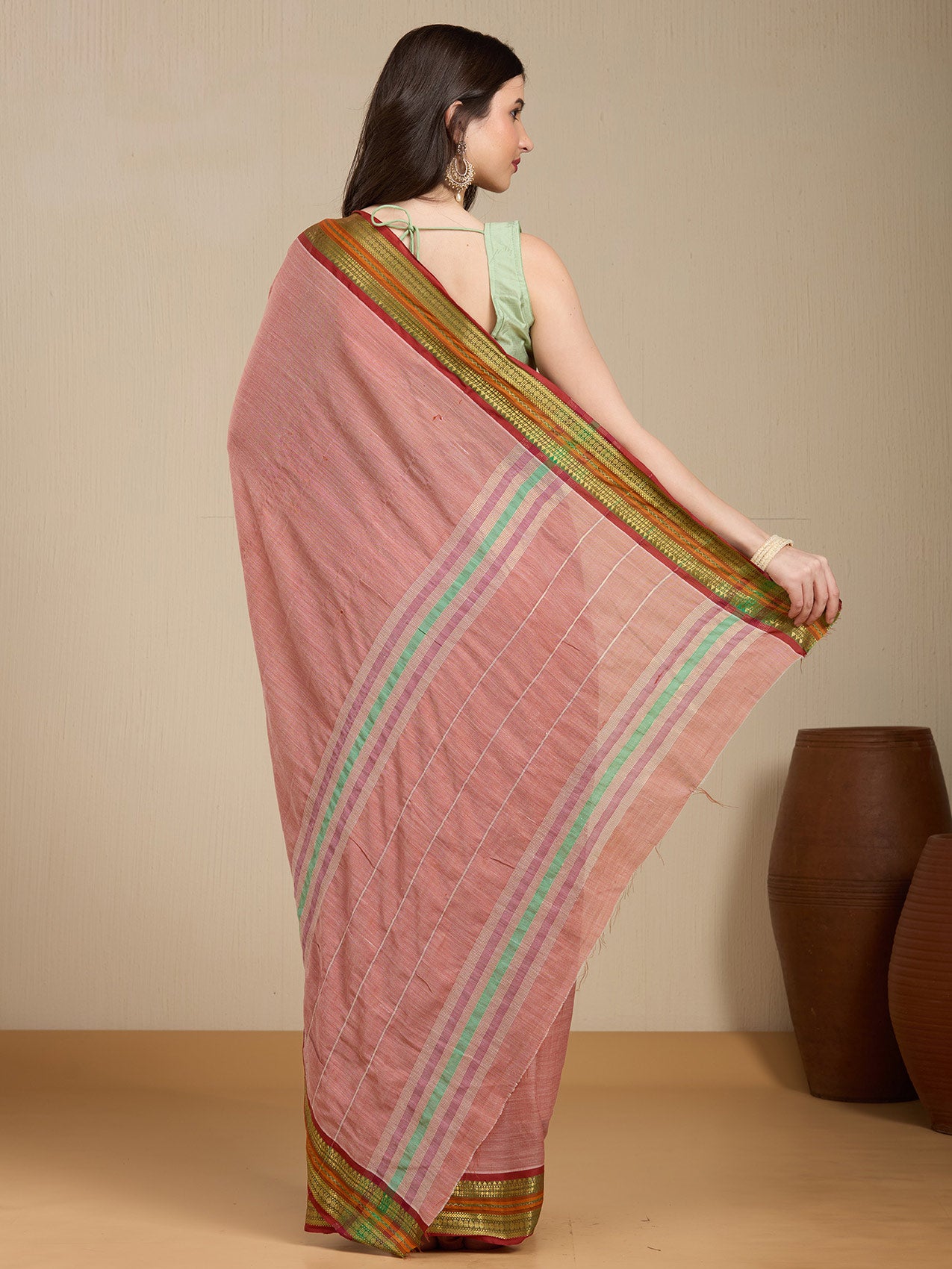 Vervee Couture Pink Silk Blend Saree with Contrast Zari Border | EKA