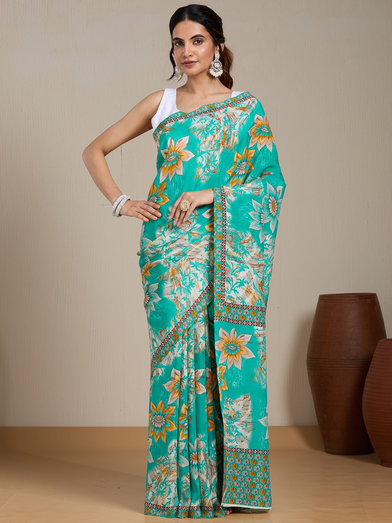 Vervee Couture Blue Yellow Floral Printed Poly Georgette Saree | EKA