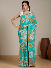 Vervee Couture Blue Yellow Floral Printed Poly Georgette Saree | EKA