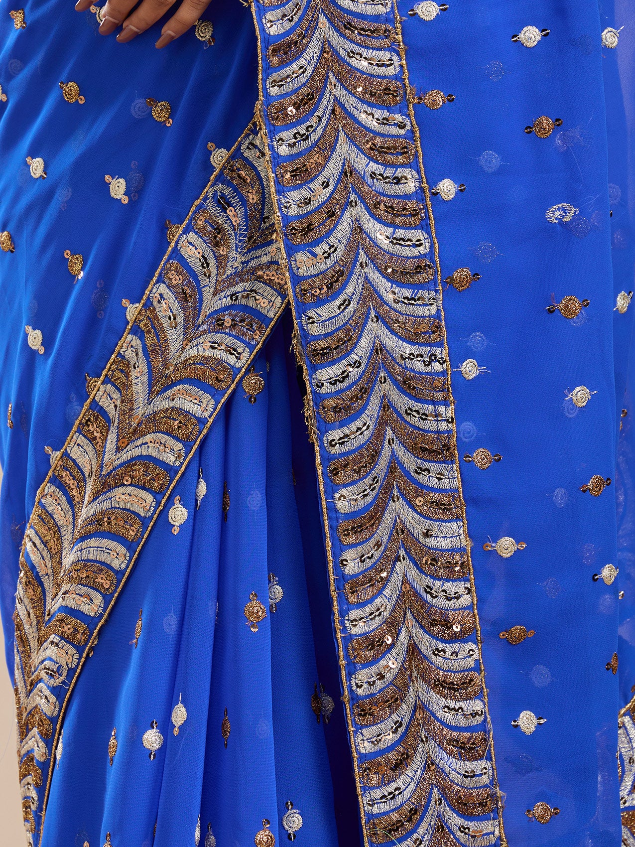 Vervee Couture Blue Poly Georgette Saree with Embellished Border and Semi Stitched Blouse | EKA