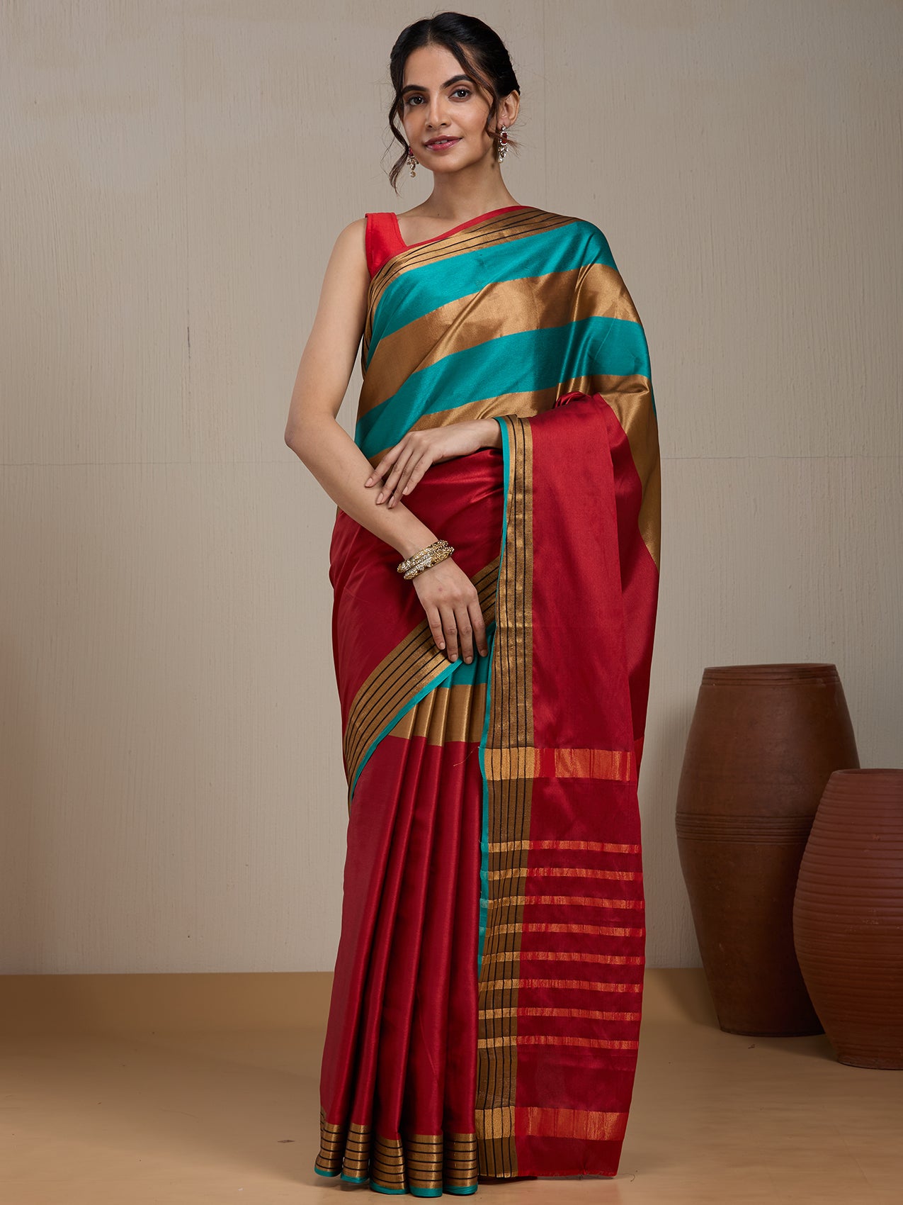 Vervee Couture Red Striped Silk Blend Saree with Zari Border and Semi Stitched Blouse | EKA