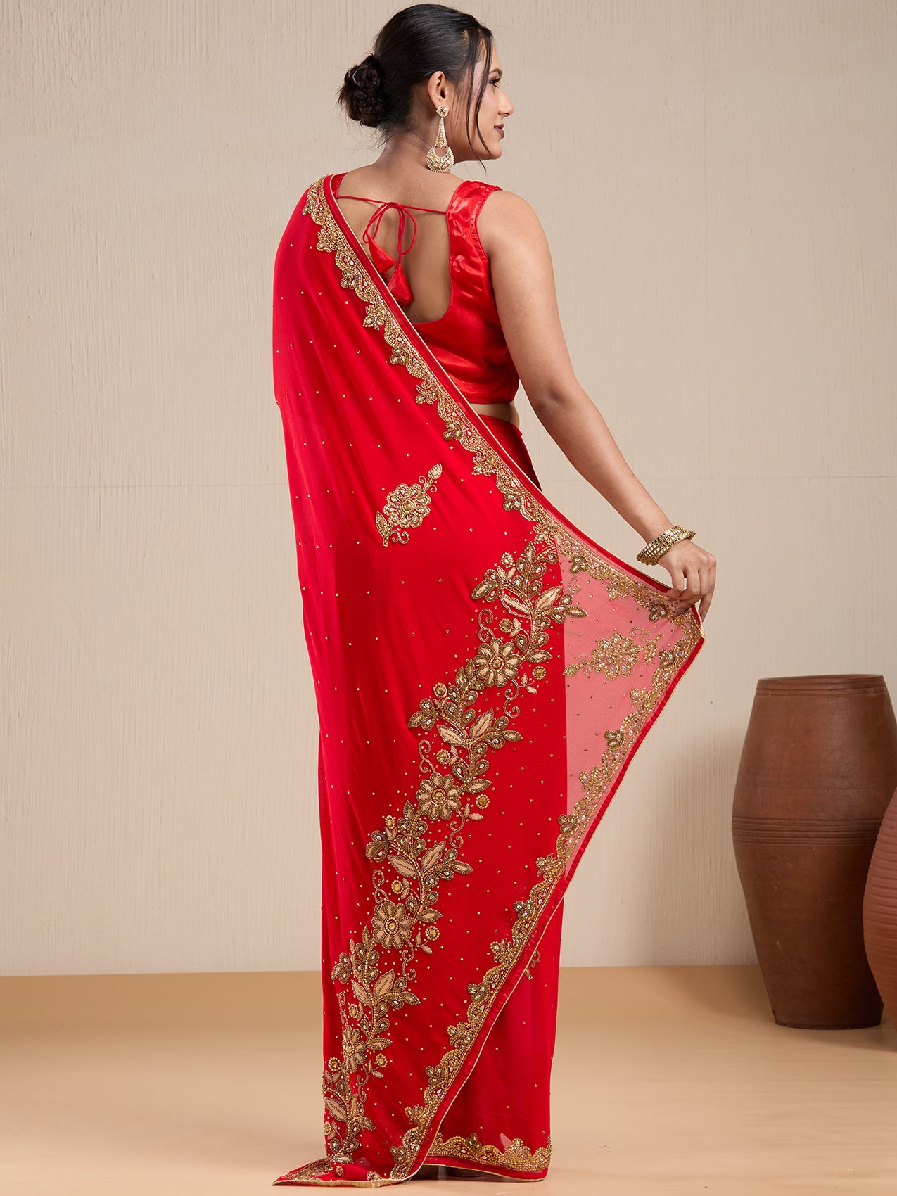 Vervee Couture Red Pure Georgette Saree with Embellished Border | EKA