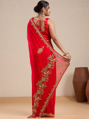 Vervee Couture Red Pure Georgette Saree with Embellished Border | EKA