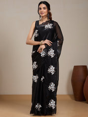 Vervee Couture Black White Floral Printed Silk Blend Saree | EKA