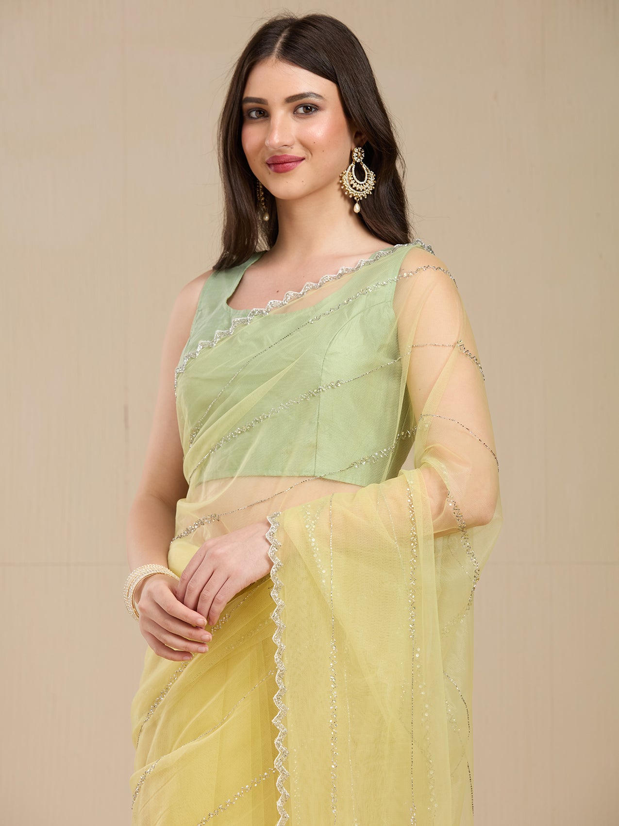 Vervee Couture Yellow Pure Net Saree with Embellished Detailing | EKA