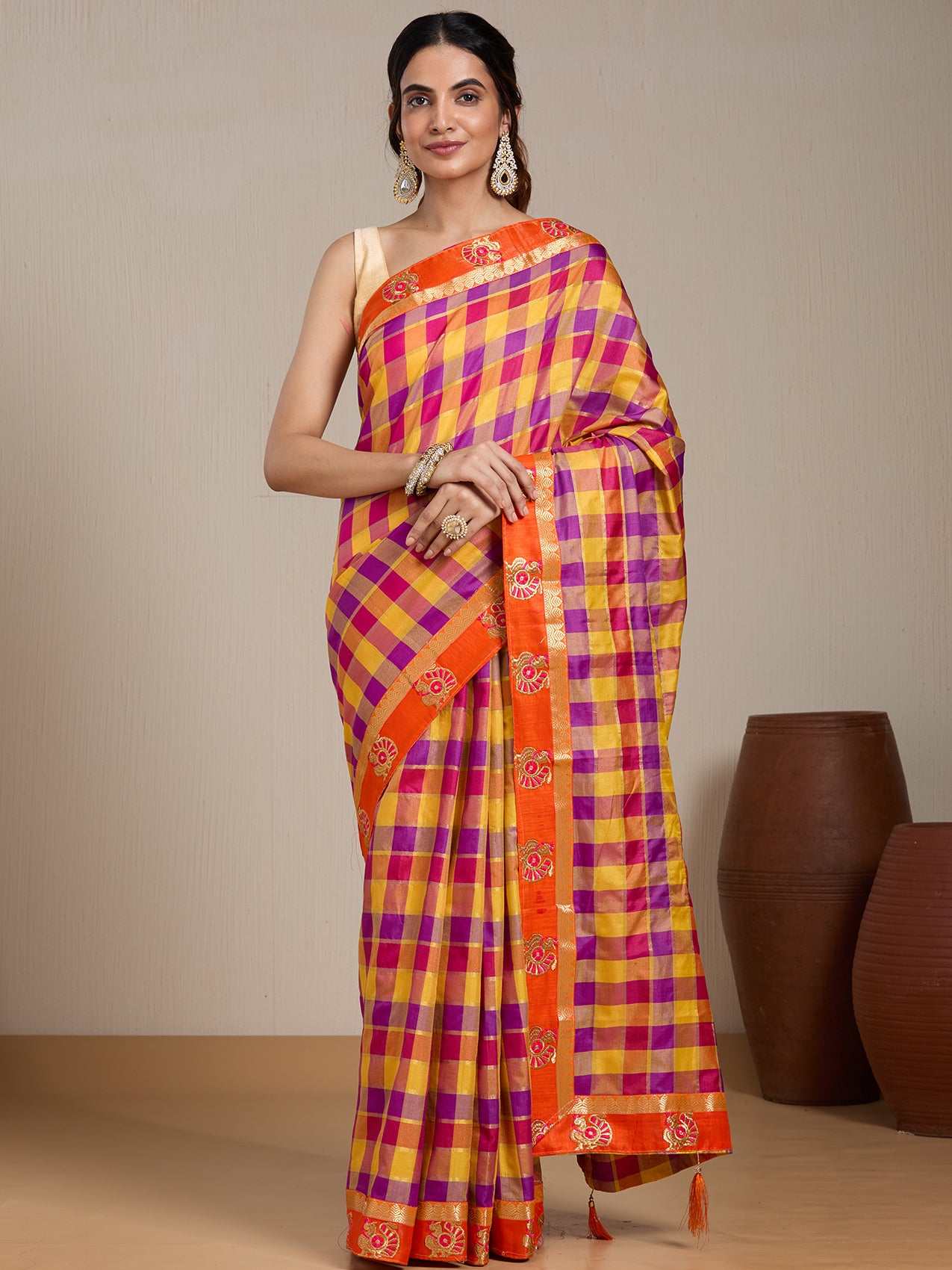 Vervee Couture Yellow Pink Checked Silk Blend Saree with Zari Border | EKA