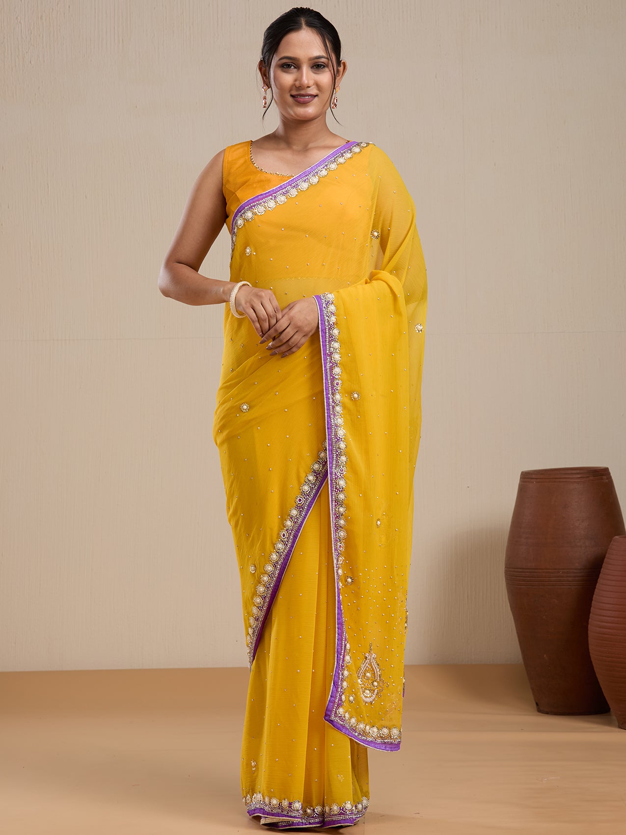 Vervee Couture Yellow Poly Georgette Embellished Saree with Semi Stitched Blouse | EKA