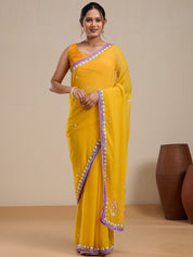 Vervee Couture Yellow Poly Georgette Embellished Saree with Semi Stitched Blouse | EKA