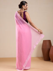 Vervee Couture Pink Poly Georgette Saree with Lace Border and Semi Stitched Blouse | EKA