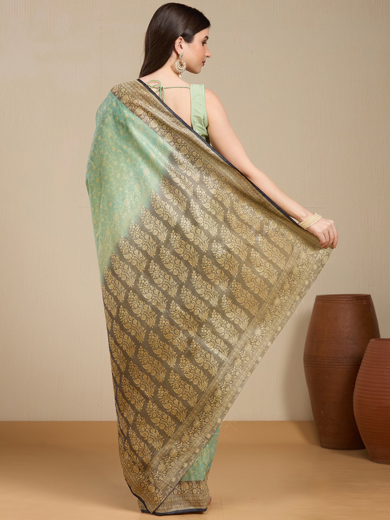 Vervee Couture Green Silk Blend Saree with Zari Border | EKA