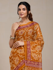 Vervee Couture Mustard Floral Printed Silk Blend Saree with Contrast Border | EKA