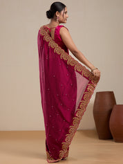 Vervee Couture Maroon Poly Georgette Saree with Heavy Embroidery and Semi Stitched Blouse | EKA