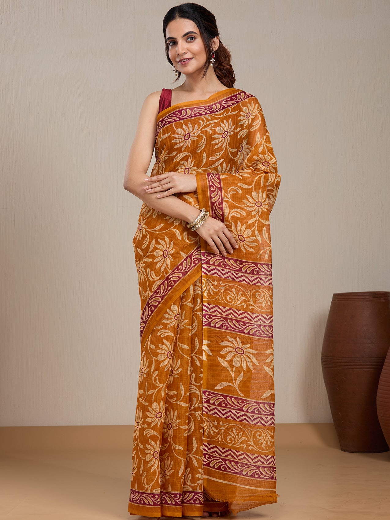 Vervee Couture Mustard Floral Printed Silk Blend Saree with Contrast Border | EKA