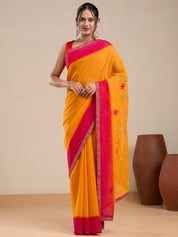 Vervee Couture Yellow Poly Georgette Saree with Contrast Border and Semi Stitched Blouse | EKA