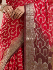 Vervee Couture Red Printed Poly Georgette Saree with Zari Border and Semi Stitched Blouse | EKA