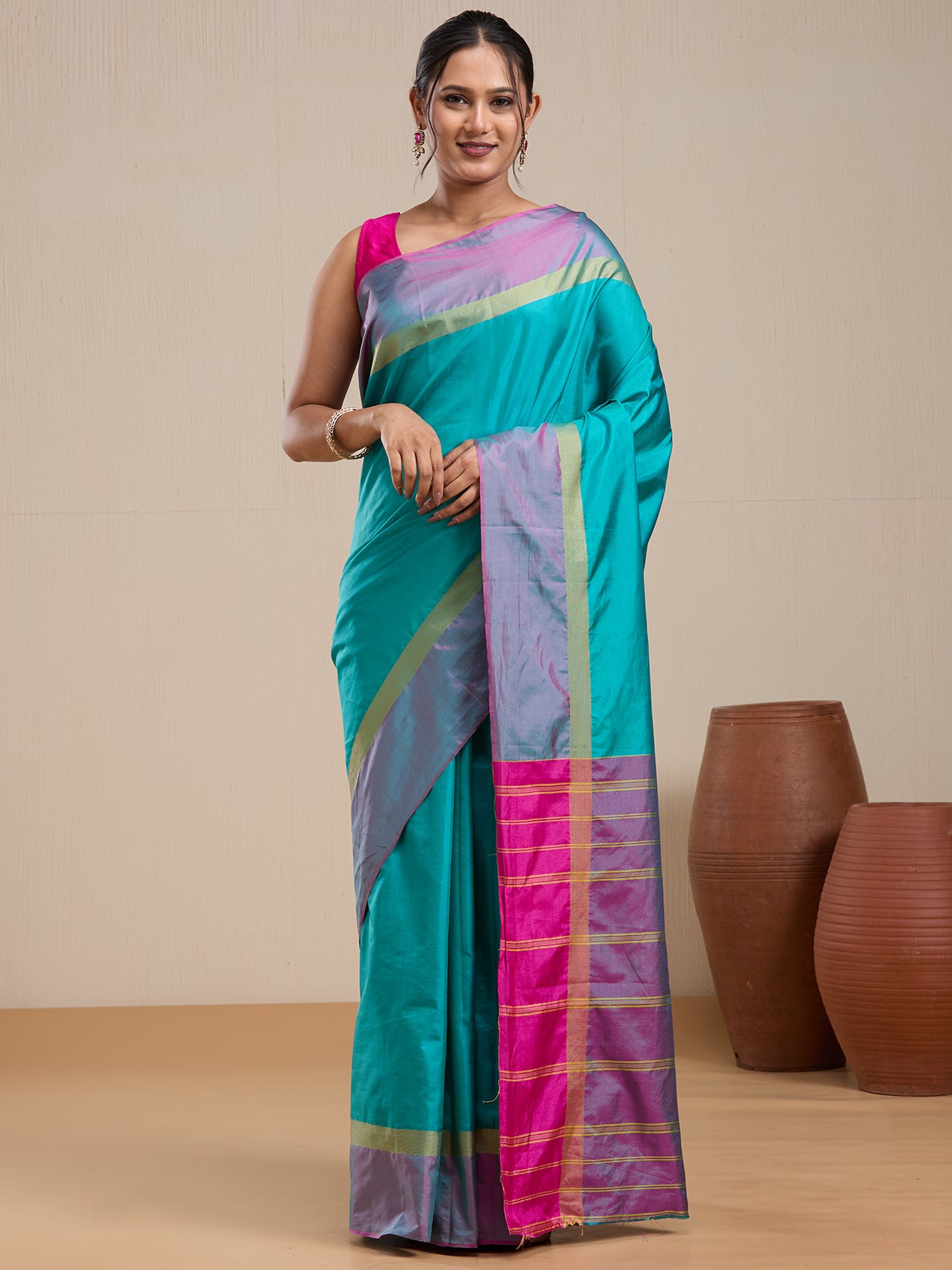 Vervee Couture Blue Colourblock Silk Blend Saree with Semi Stitched Blouse | EKA