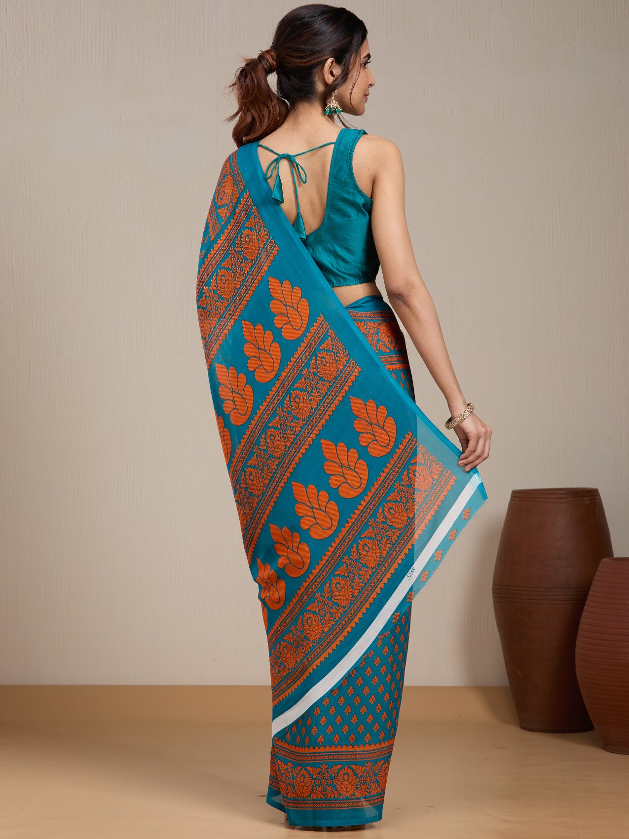 Vervee Couture Teal Printed Poly Georgette Saree with Contrast Border | EKA